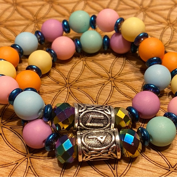 Handmade Ancient Runes, Rainbow Pastel Spheres, Positive Energy Bracelet Set - Picture 1 of 5